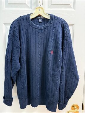 Nautica Men's Navy Cable-Knit Crewneck Sweater with Red Logo